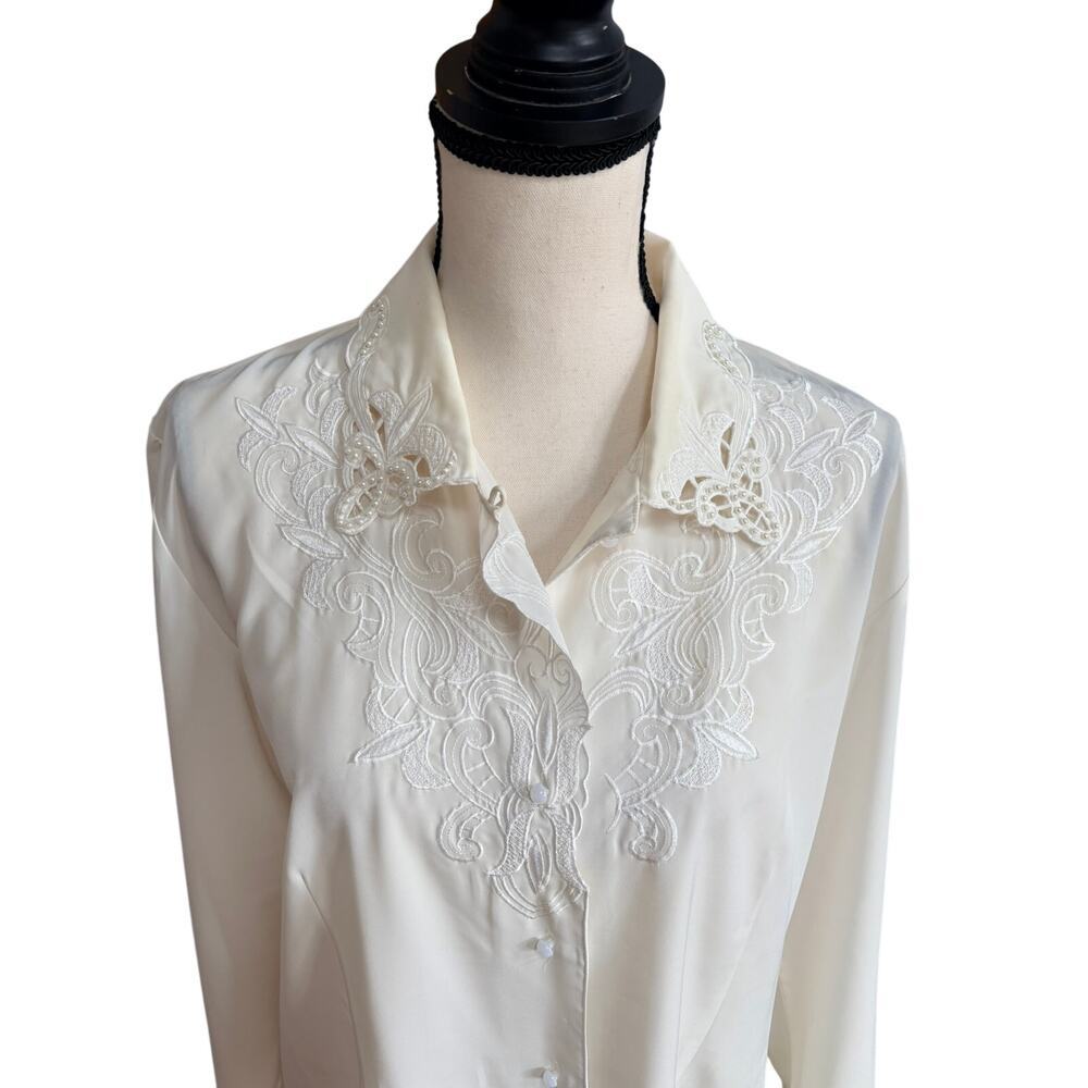 Women's Vintage Ivory Pearl Stunning Embellished Baroque Collar Blouse Large
